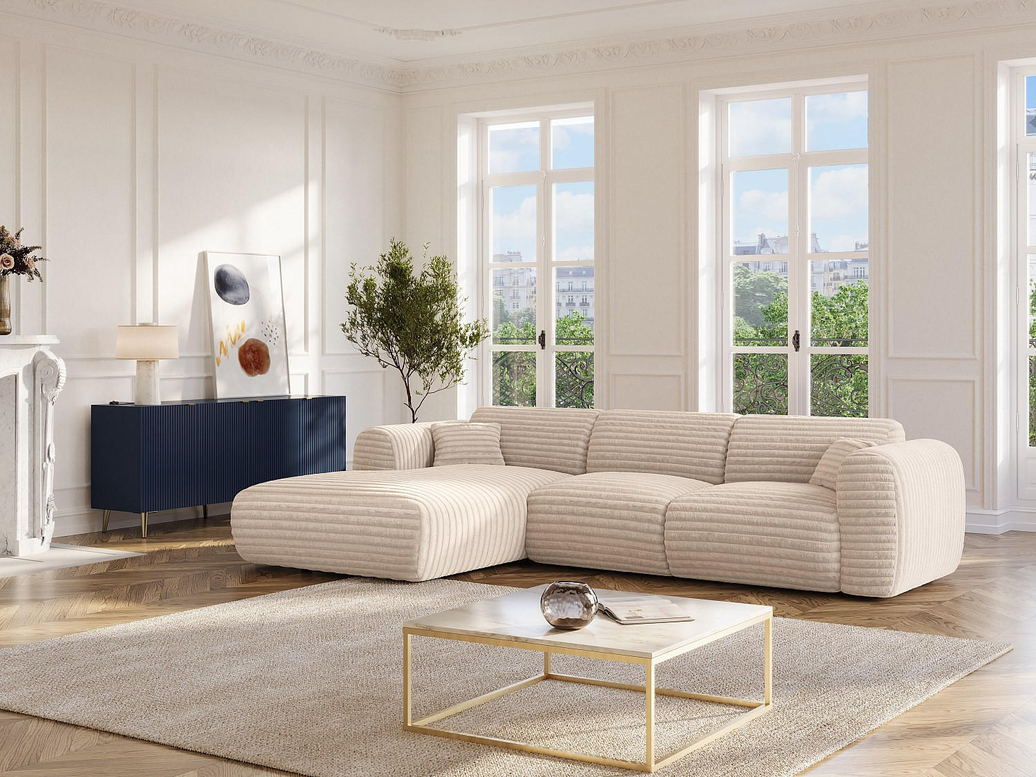 Thumbnail - Vente-Unique Grosser, Beige, Textil, Uni, 5-Sitzer, 280x165 cm, Wohnzimmer, Sofas & Couches, Wohnlandschaften, Ecksofas