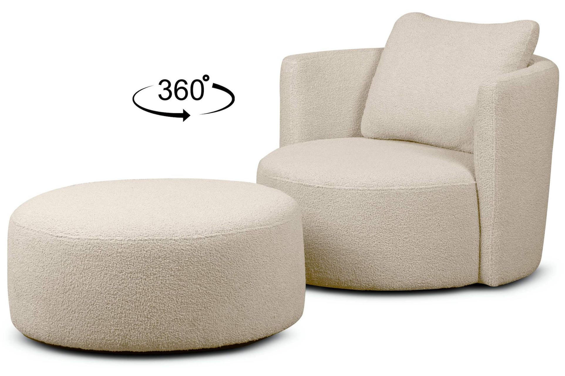 DREHSESSEL-SET RAGGI inkl. Sitzhocker, Boucle, Ecru - Ecru, Textil (92/75/80cm) - KONSIMO®