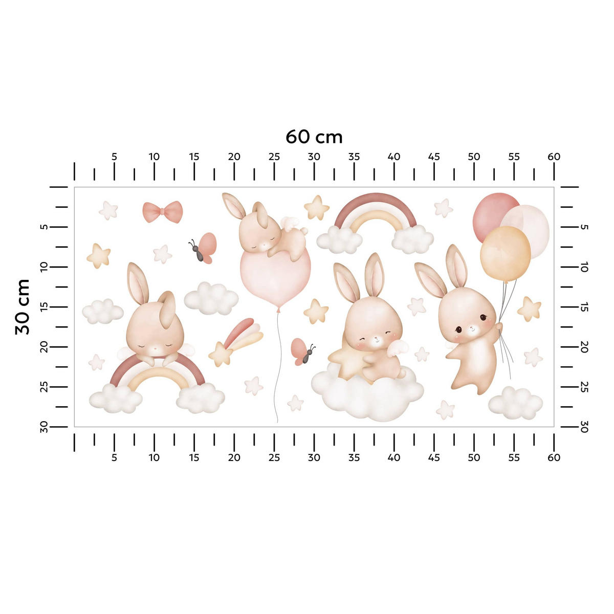 WANDAUFKLEBER SET Kaninchen Sternen Wolken Regenbogen 120x60 - Beige/Rot, Papier (120/60/1cm) - Muralo