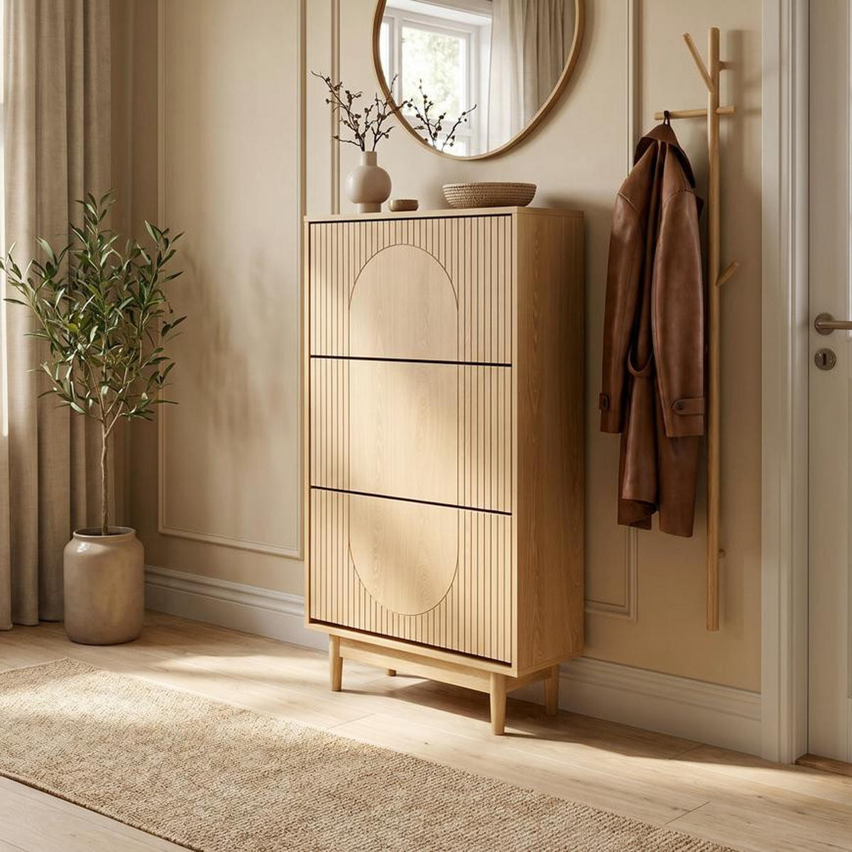 SCHUHSCHRANK Skandinavischer mit 3 Fächern in Eichenoptik - LILA - Eichefarben/Beige, Holzwerkstoff/Metall (60/125.5/23.5cm) - Sicaan