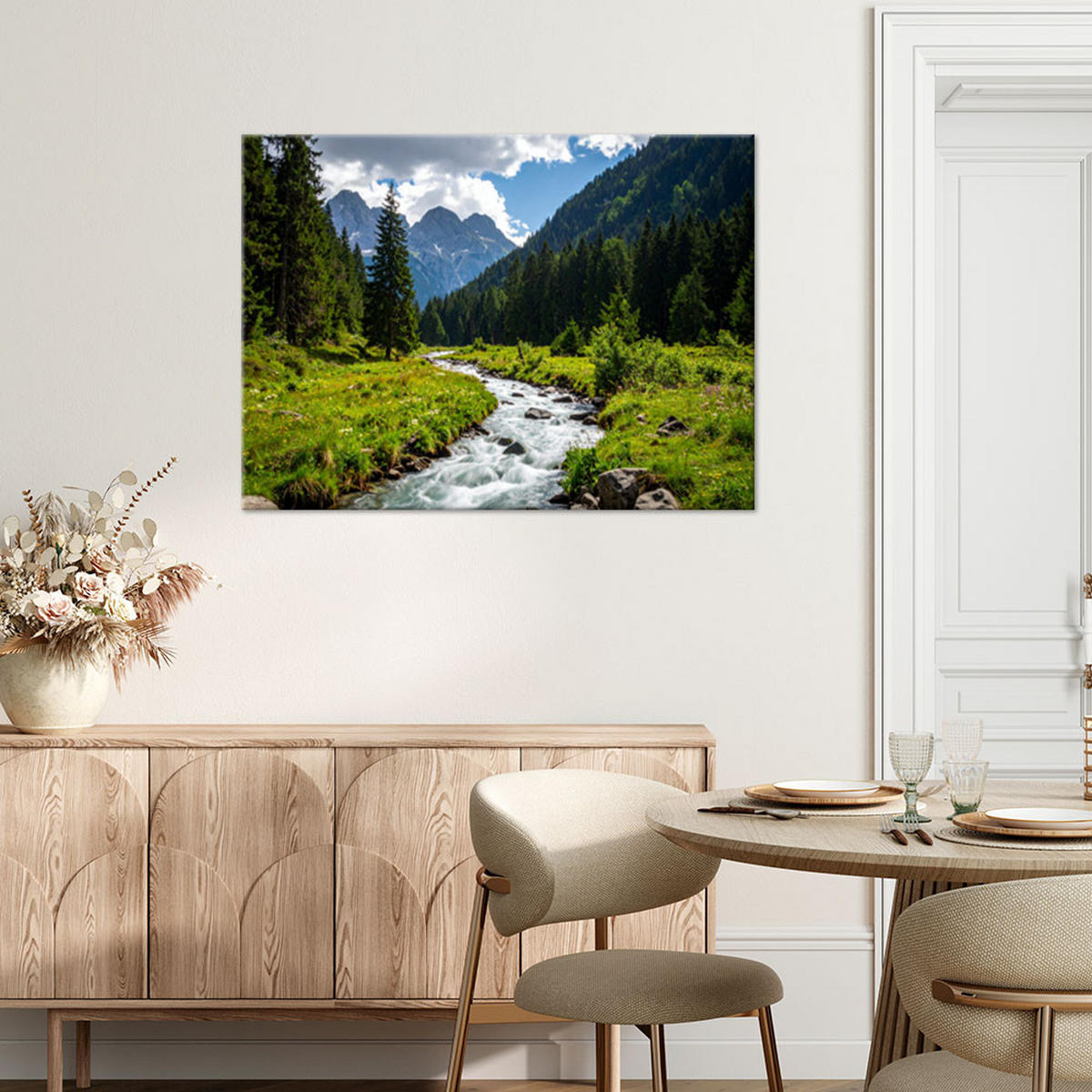 LEINWANDBILD Berglandschaft Bach Natur 90x60cm - Grün, Textil (90/60cm) - Feeby