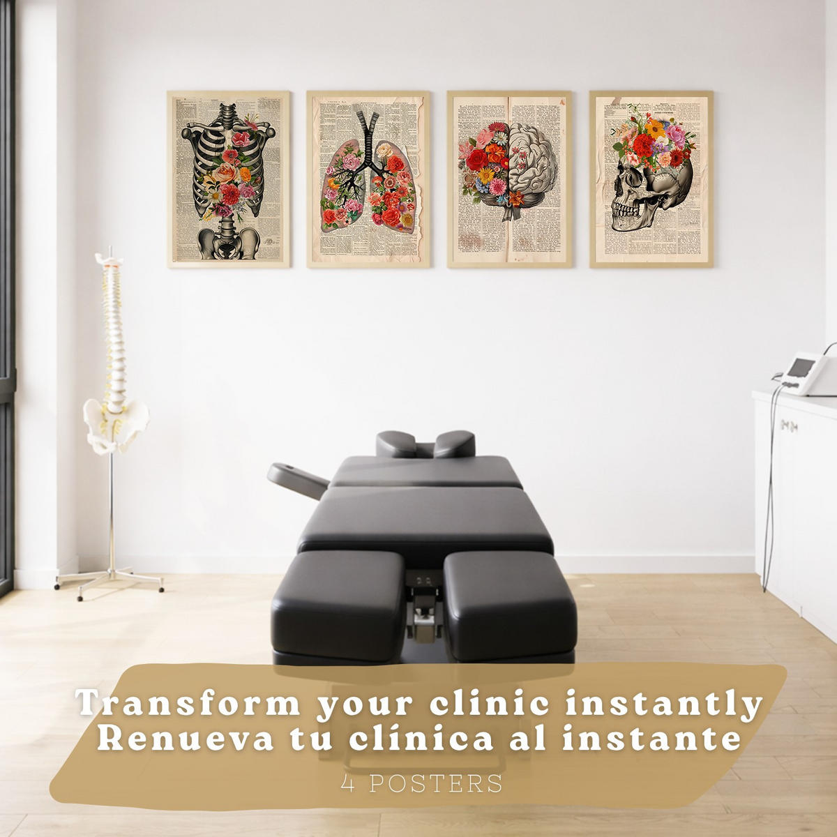 POSTER Set aus 4 Anatomie Mensch Florale Drucke und Wandbilder mit Herz Lungen Skelett und Schädel Stil Medizinische Wanddekoration Größe Rahmenlos A3 - Klar, Papier (29.7/42/3cm) - Nacnic