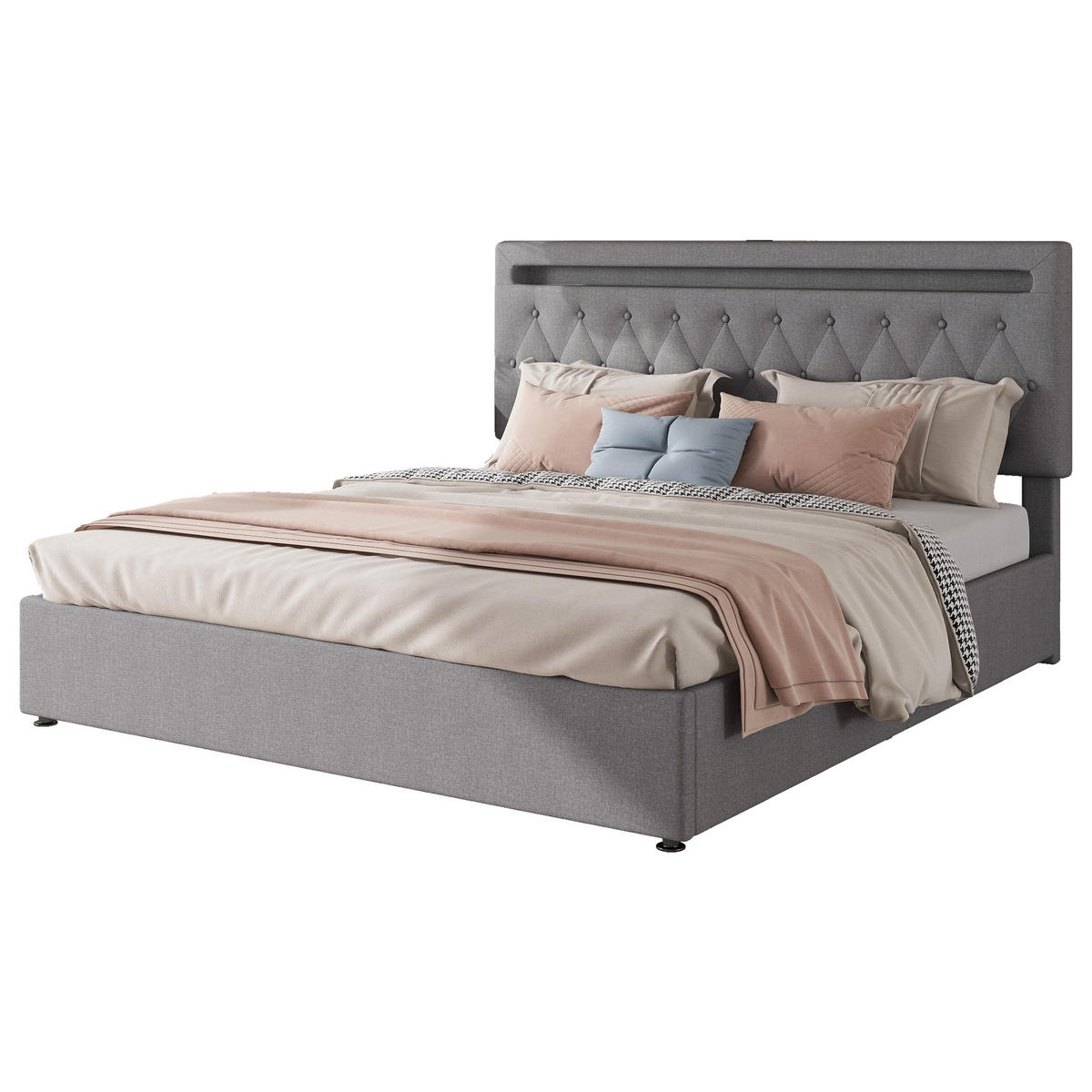 POLSTERBETT 180/200 cm grau mit hydraulischem Bettkasten und USB-Anschluss - Grau, Textil (180/200cm) - OKWISH