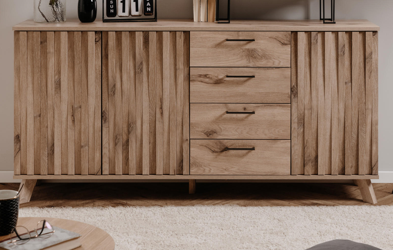 Thumbnail - Furn.Design Sideboard, Eiche, Metall, Nachbildung,Eiche, Uni, Holz Optik, 2 Fächer, 4 Schubladen, eckig, 175x85x40 cm, W...