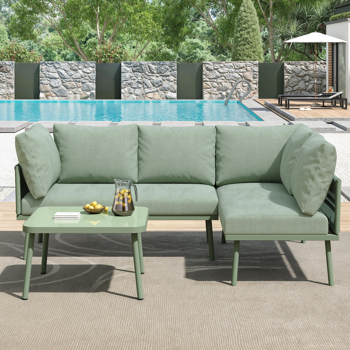 GARTEN Lounge Set aus Eisen mit grünem Seil LForm mit Sitzkissen verstellbaren Füßen 2 Sofas und Tisch - Grün, Metall - FLIEKS