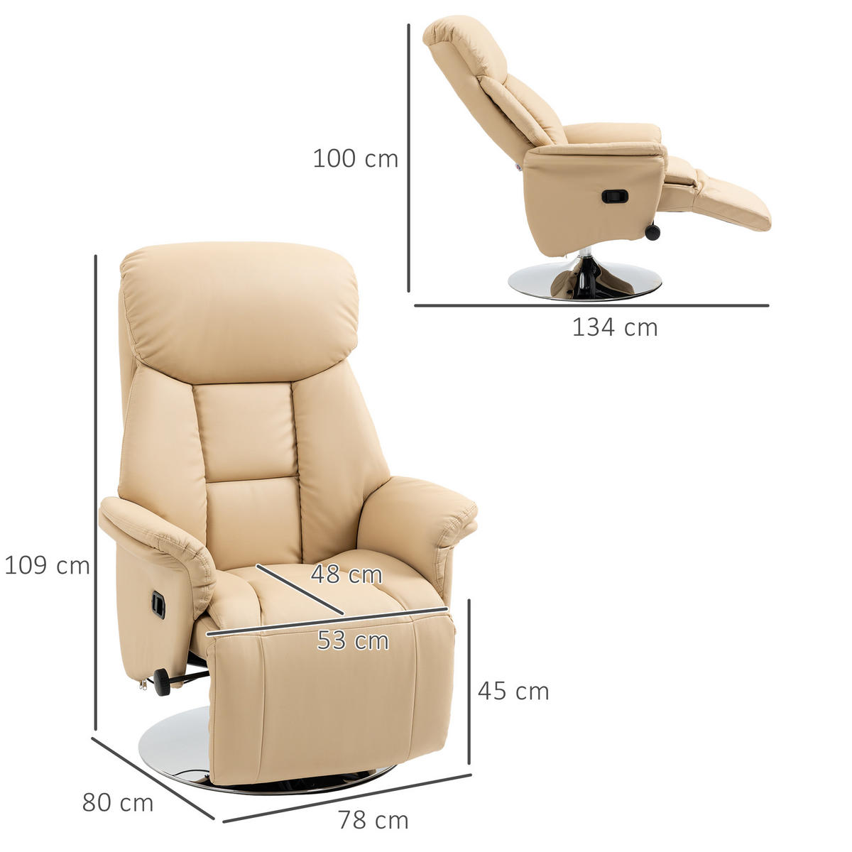 RELAXSESSEL, Fernsehsessel mit manuell Verstellbarer Rückenlehne, Fußteil, Beige - Beige/Silberfarben, Metall (78/109/80cm) - HOMCOM
