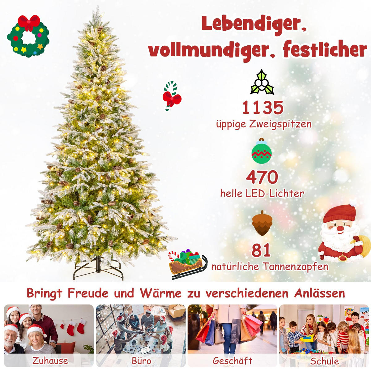 WEIHNACHTSBAUM mit 470 warmweißen LED-Lichtern 225 cm grün - Grün, Metall (225cm) - COSTWAY