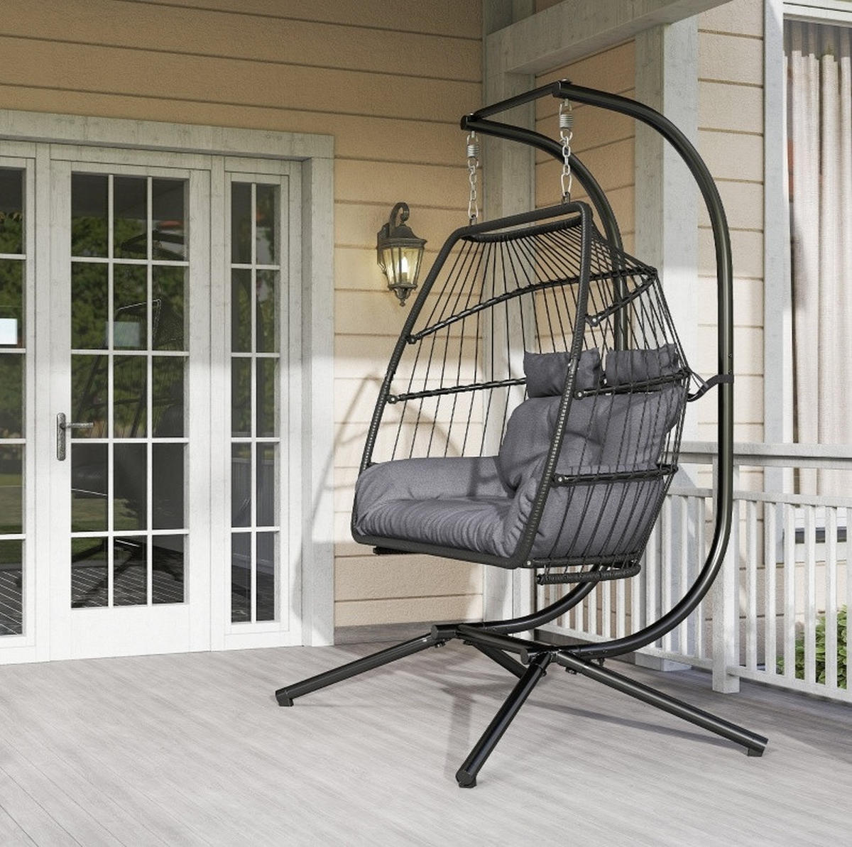 HÄNGESESSEL aus Rattan 170x100x185 cm in Dunkelgrau mit klappbarem Korb - Dunkelgrau, Naturmaterialen (100/185/170cm) - Modfu
