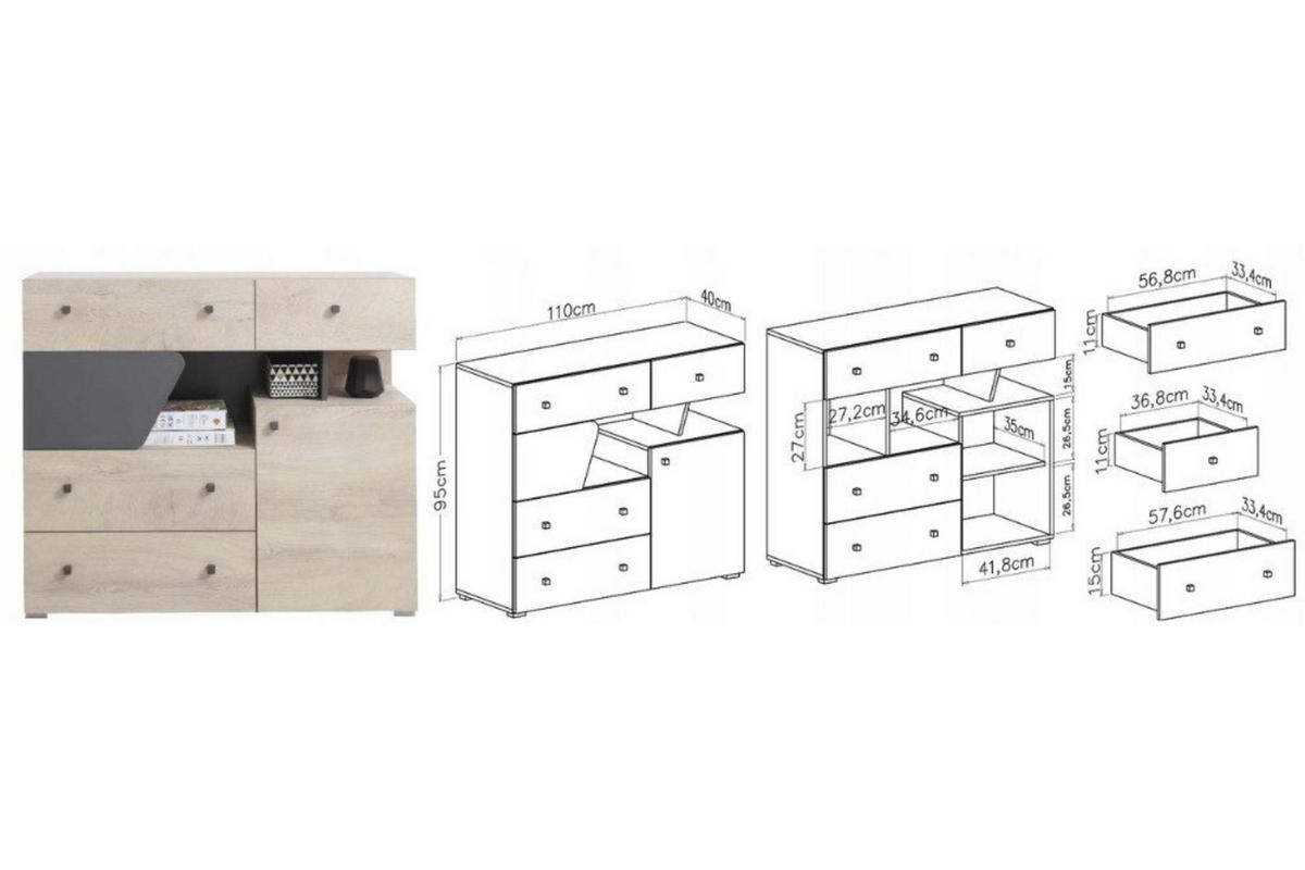 KINDERKOMMODE DARLA D11 110/40/95 Eiche/Anthrazit - Anthrazit/Sonoma Eiche, Holzwerkstoff (110/95/40cm) - Deine Möbel 24