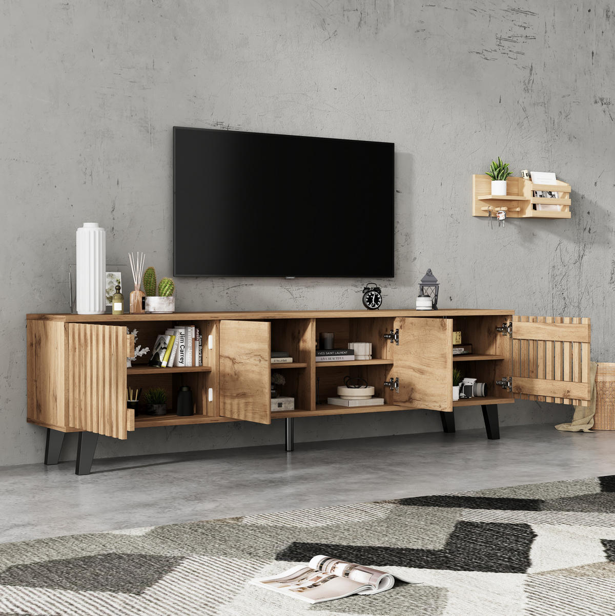 SADA TV stolku a komody z dřevotřísky 180x40x55/150x40x95 cm v dekoru přírodního dřeva s úložným prostorem - světle hnědá, kompozitní dřevo (180/55/40cm) - Modfu