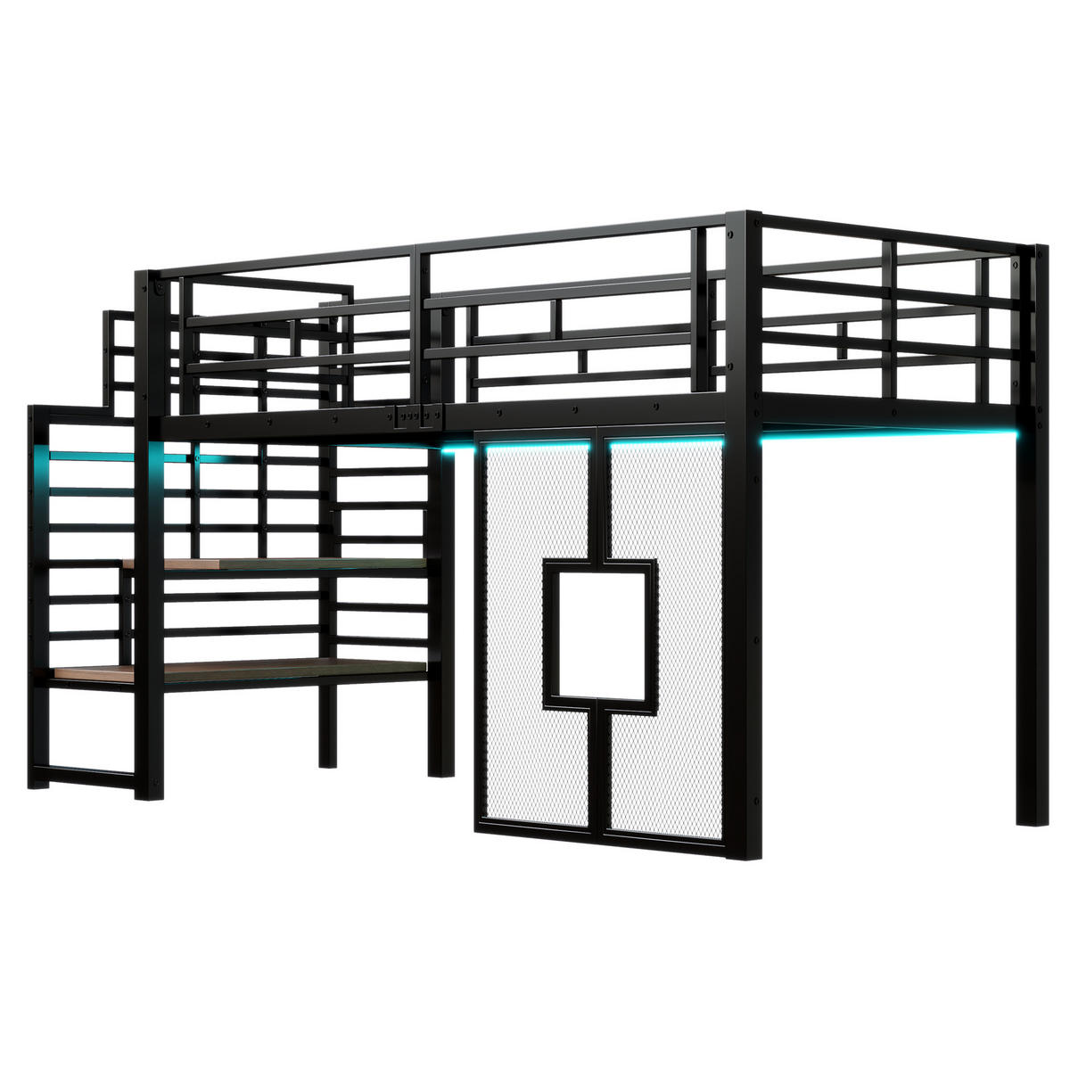HOCHBETT 90/200 cm DE-03437, mit Stauraum, LED-Beleuchtung und Fenstern, in Schwarz - Schwarz, Holzwerkstoff/Metall (90/200cm) - ComfortXL