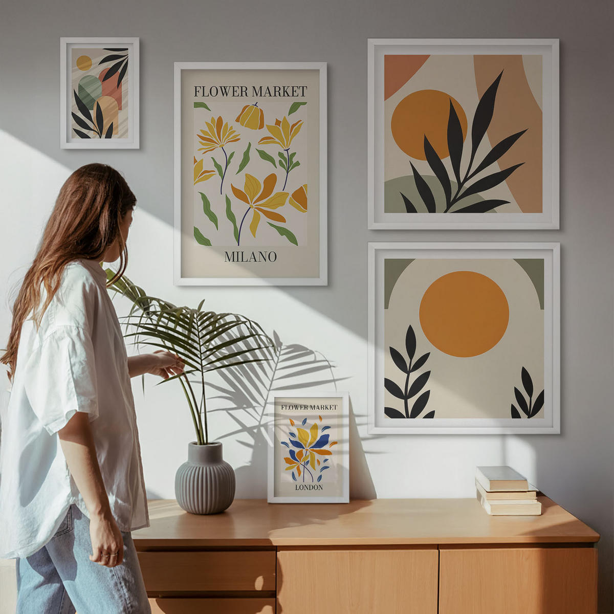 BILDER SET 5er Set - 50x50 cm & 20x30 cm & 40x60 cm Weißer Rahmen - Abstrakte geometrische Formen - Weiß, Kunststoff (40/60cm) - TULUP