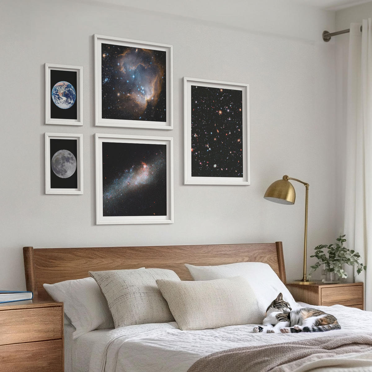 BILDER SET 5er Set - 50x50 cm & 20x30 cm & 40x60 cm Weißer Rahmen - Galaxie Weltraum Mond - Weiß, Kunststoff (40/60cm) - TULUP