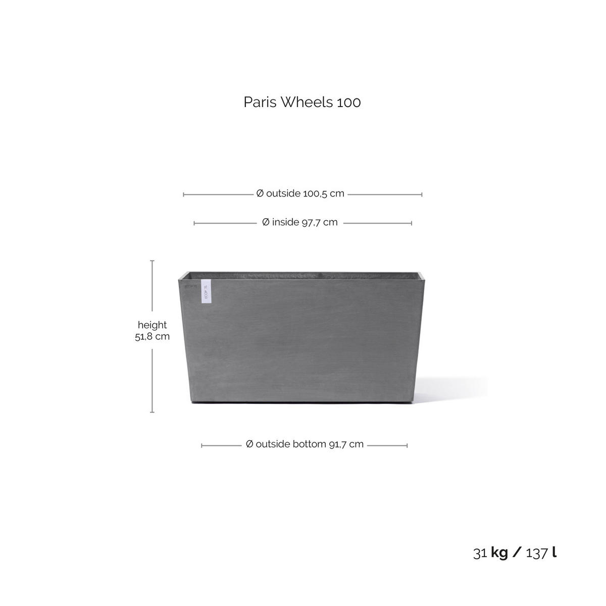 BLUMENTOPF Paris Wheels 100,5/39,6/51,8 cm Grau - Grau, Kunststoff (100.5/51.8cm) - Ecopots