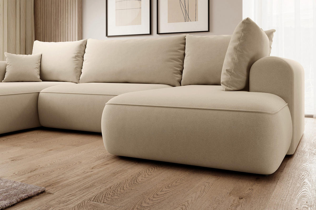 WOHNLANDSCHAFT Ovo Beige Velours - Beige/Schwarz, Textil (380/95/167cm) - Selsey