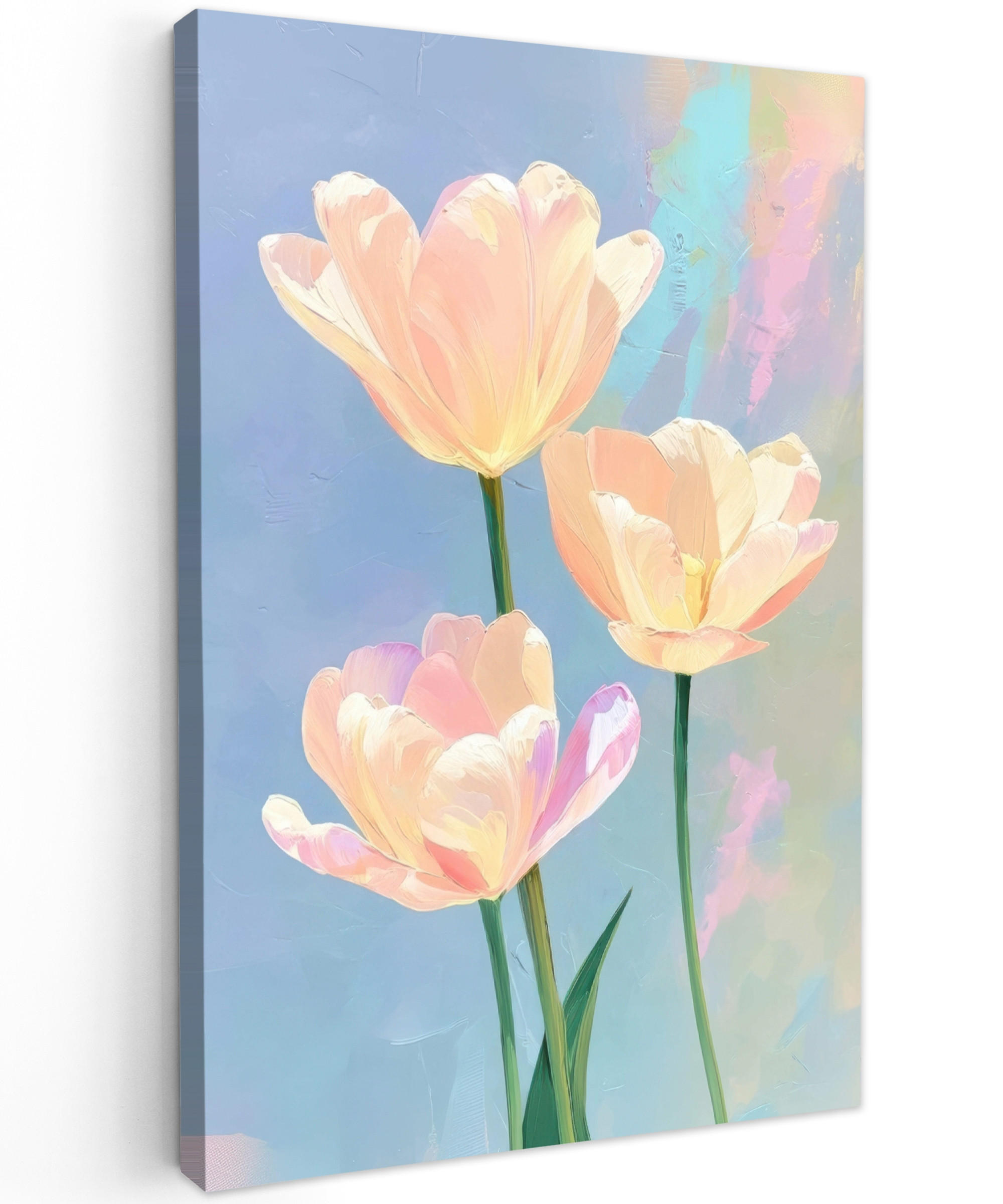 LEINWANDBILD Tulpen - Rosa Akzente - Blau Deko Groß 90x140 cm - Pastellblau, Textil (90/140cm) - MuchoWow