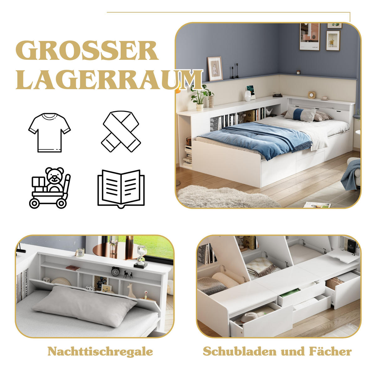 KINDERBETT 90x200cm Weiß Mit Schubladen Bücherregal & Schrank - Weiß, Holzwerkstoff (90/200cm) - FLIEKS