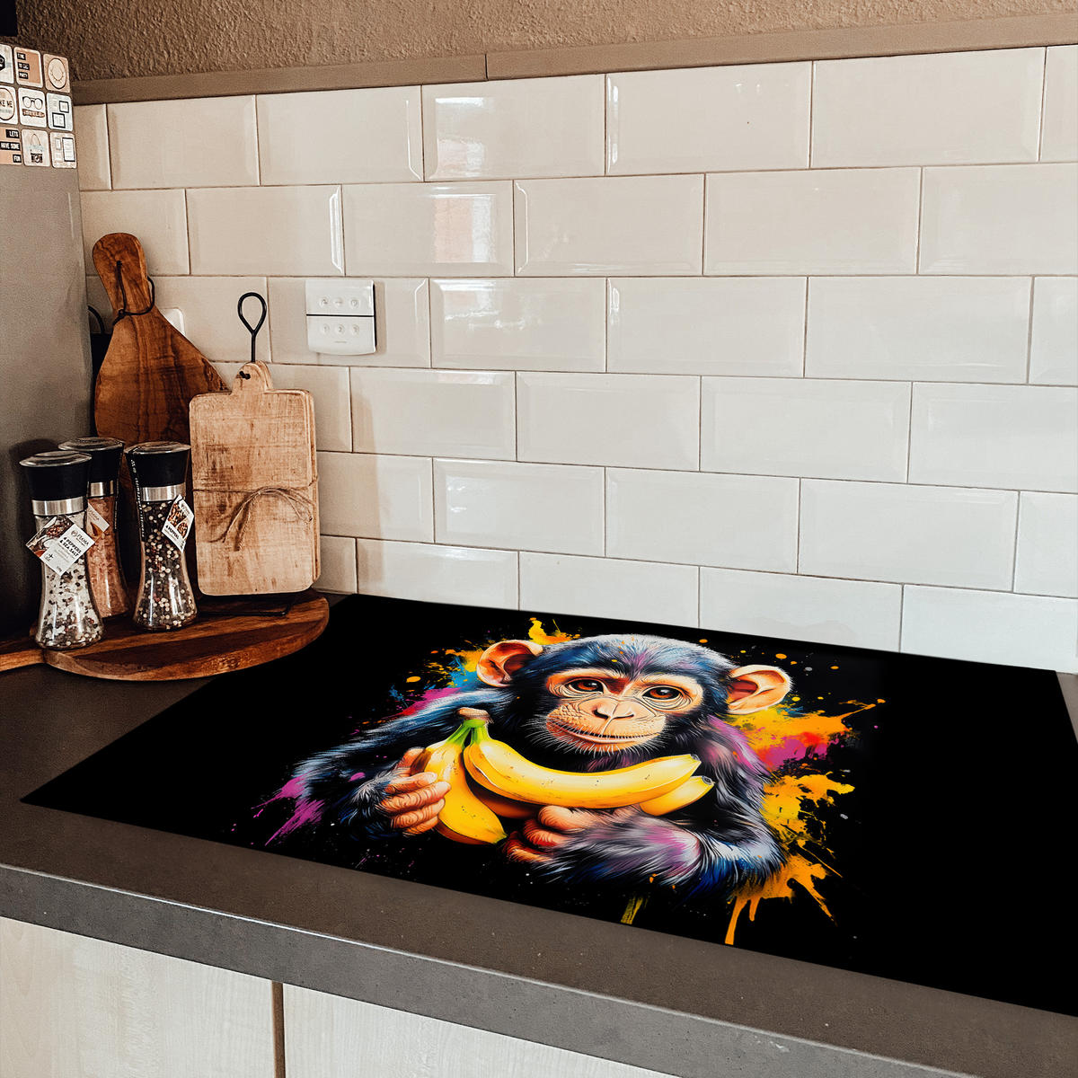 HERDABDECKPLATTE Affe - Graffiti - Farbenfroh - Bananen - Modern Induktionsmatte 83x51 cm - Gelb, Kunststoff (83/51.5/0.2cm) - MuchoWow