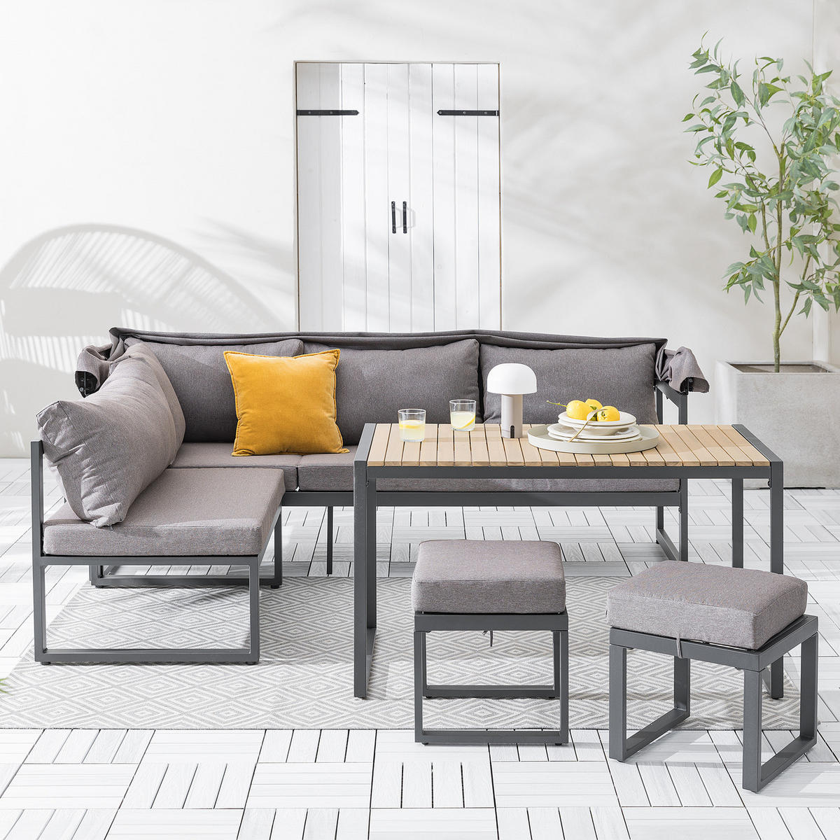 LOUNGESET - Stahl / Polyester - Grau - 5-teilig - Braun/Grau, Holz/Textil - home24