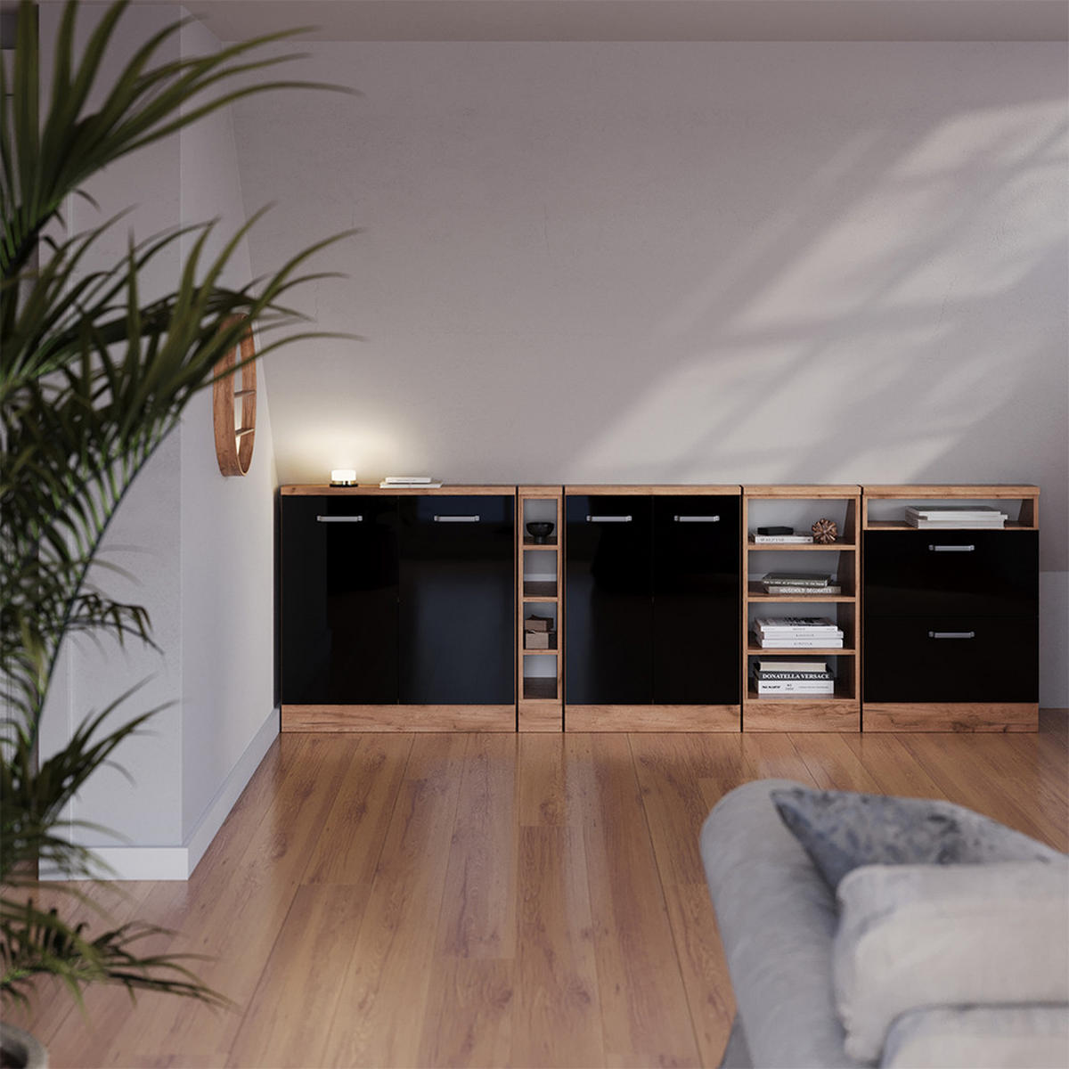 DACHSCHRÄGENSCHRANK-SET Rion Schwarz Hochglanz 2er Set - Schwarz Hochglanz, Holzwerkstoff (120/81.6/46cm) - Vicco