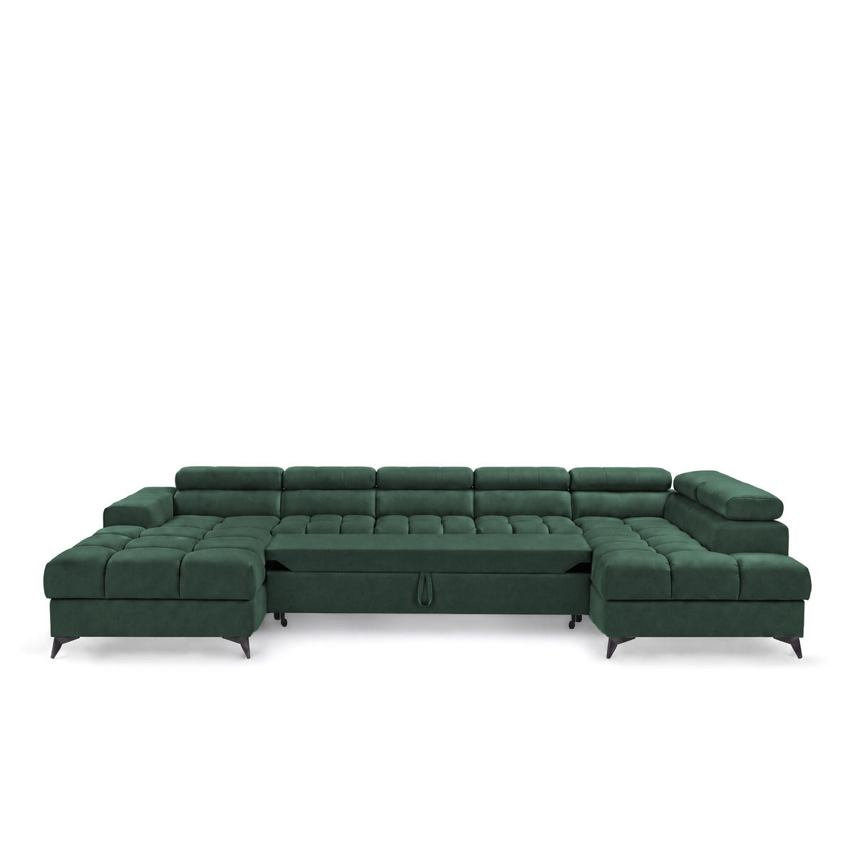 ECKSOFA PUDDING MAXI U Rechts mit Schlaffunktion 125x330 Velours Grün - Schwarz/Grün, Holz/Textil (421/203cm) - Muffo