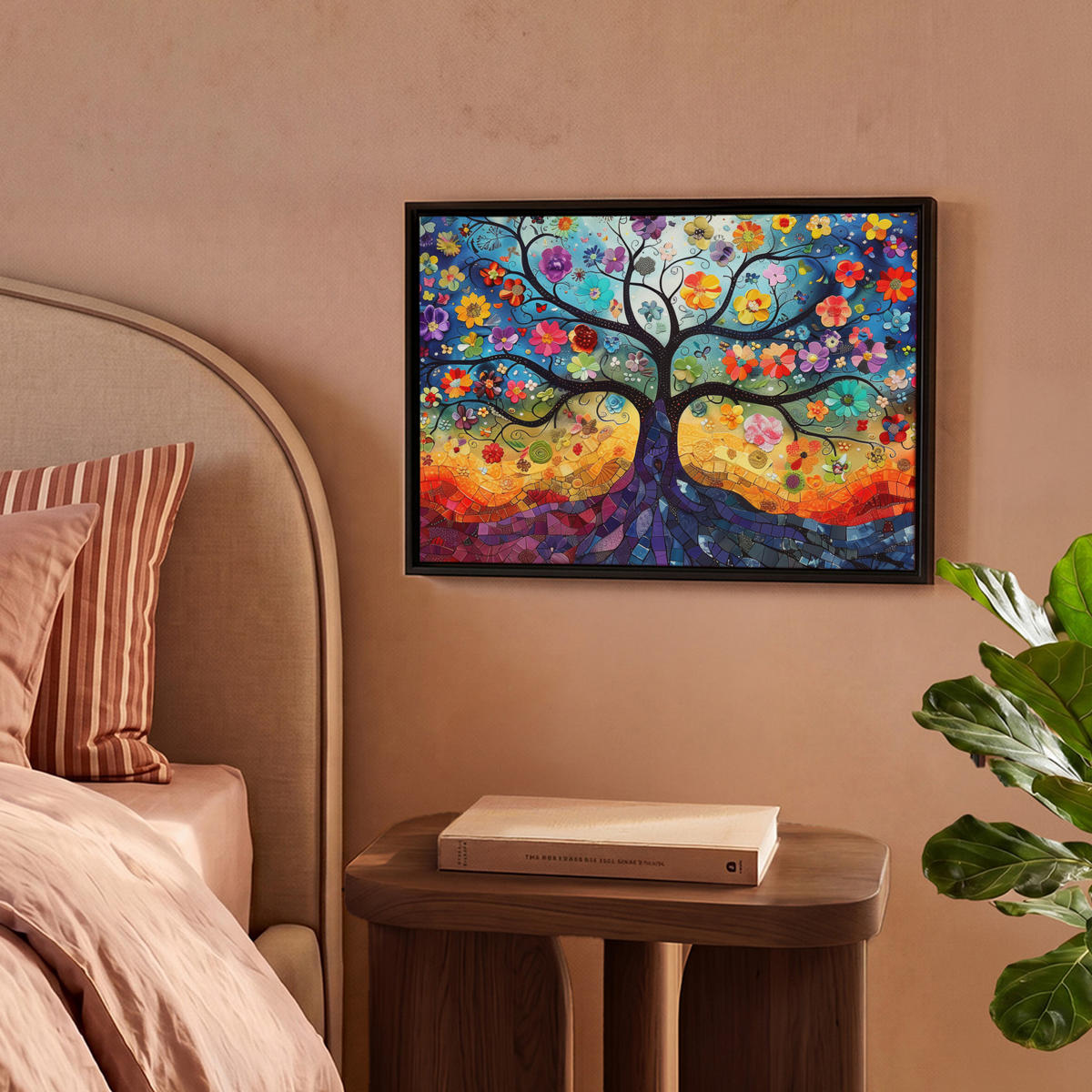 LEINWAND Bilder mit Rahmen - Kunst - Baum des Lebens - Blumen - Hippie - 40x30 - Dunkelblau, Textil (40/30cm) - MuchoWow