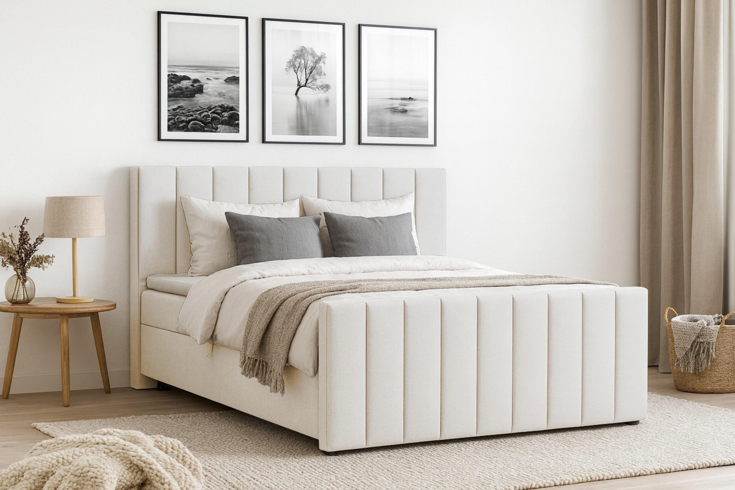BOXBETT FEN 180/200 Velour Creme mit Bonell-Federkernmatratzen H3 - Creme, Holz/Holzwerkstoff (180/200cm) - Deine Möbel 24