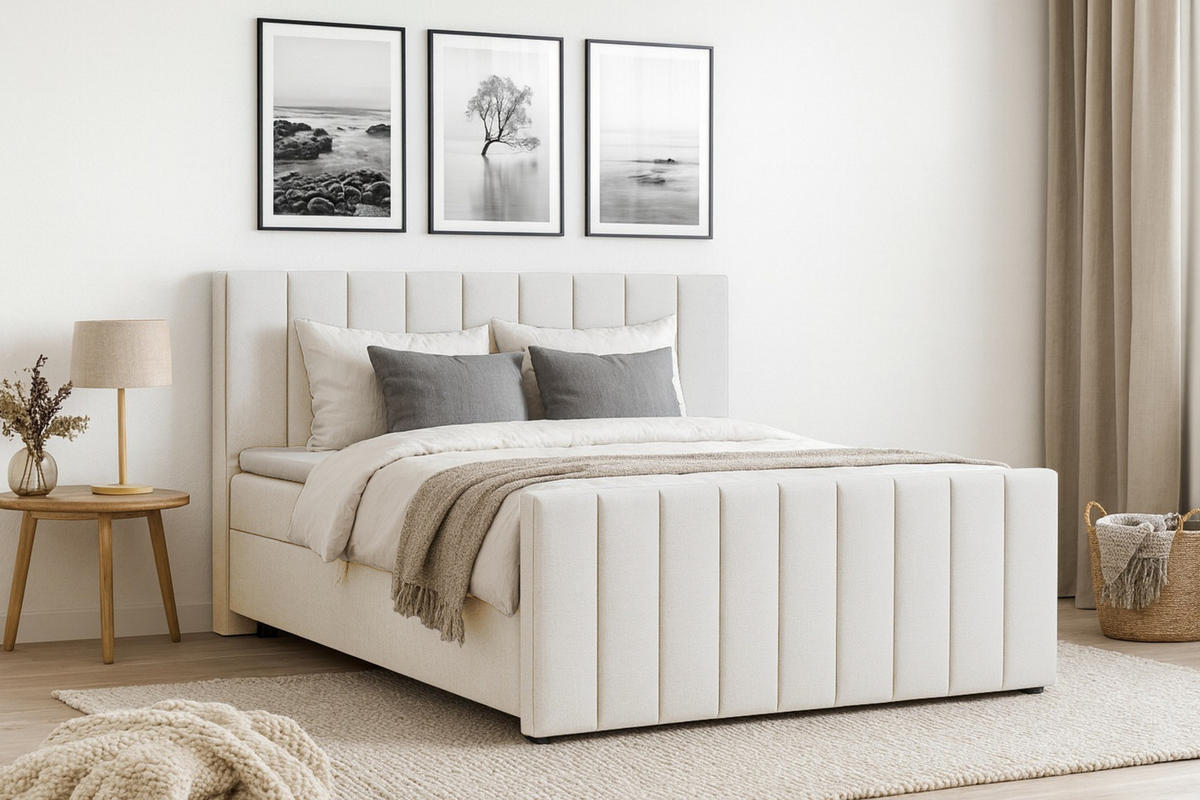 BOXBETT FEN 160/200 Velour Creme mit Taschen-Federkernmatratzen 7 Zonen H4 - Creme, Holz/Holzwerkstoff (160/200cm) - Deine Möbel 24