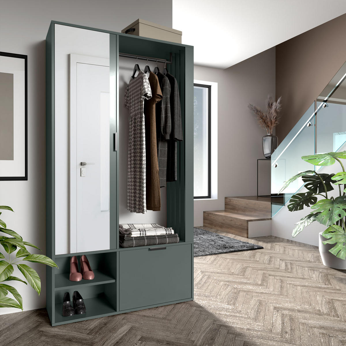 GARDEROBENSCHRANK Milanoir Stone Green 100/189,4/33 cm - Modern mit Spiegel - Grün, Holzwerkstoff/Kunststoff (100/189.4/33cm) - AX Living