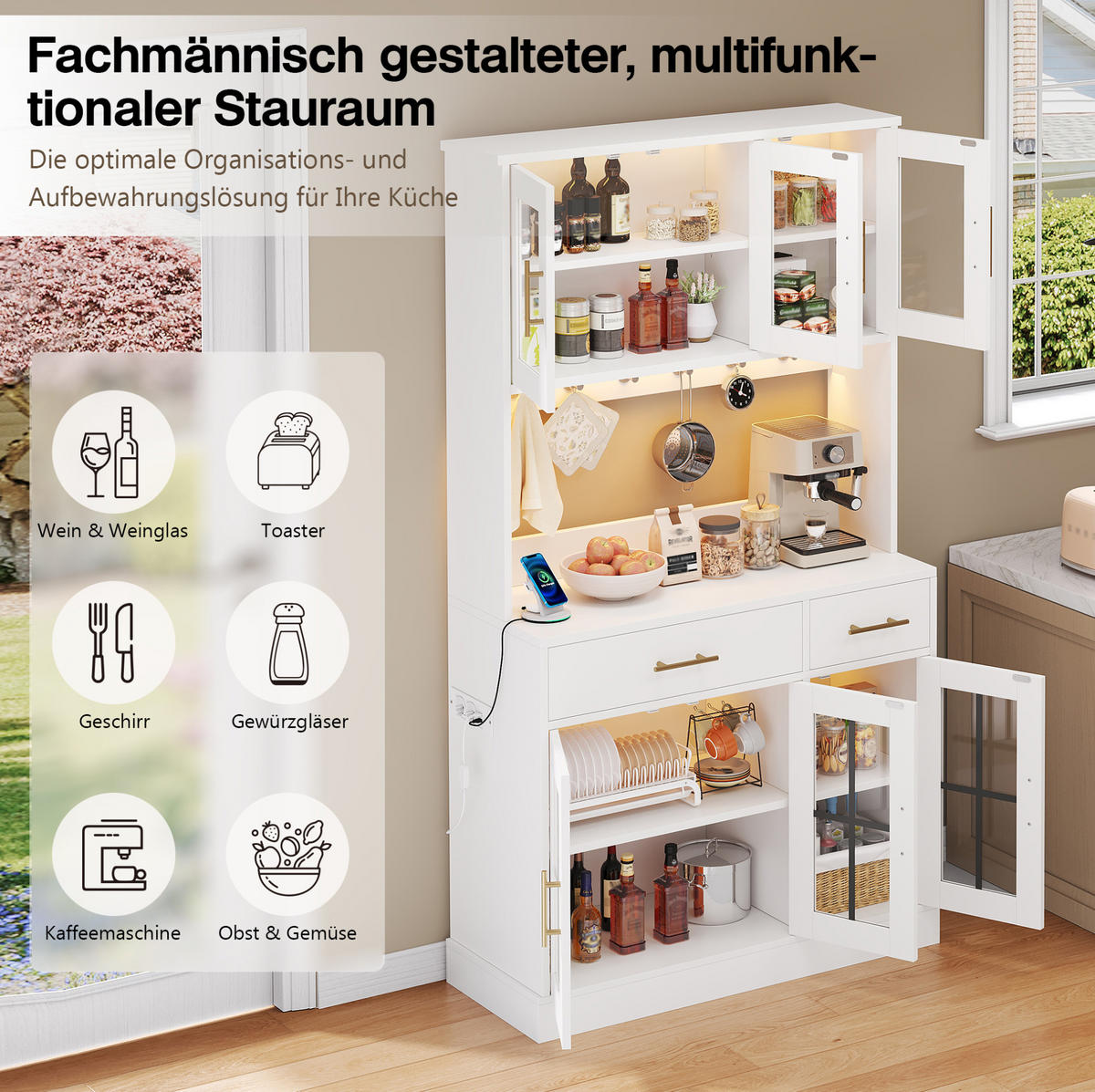 SIDEBOARD 180/100 cm in Weiß mit LED-Beleuchtung, 6 Türen und 2 Schubladen - Weiß, Holzwerkstoff (100/180/40cm) - Flora Grace