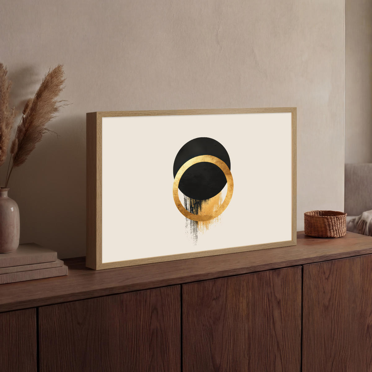 NÁSTĚNNÁ LAMPA S AKUMULÁTOREM Abstraktní design - Černý kruh - Skvrny od barvy 60x40 cm - krémová, kompozitní dřevo (60/40/8cm) - OnlyWow