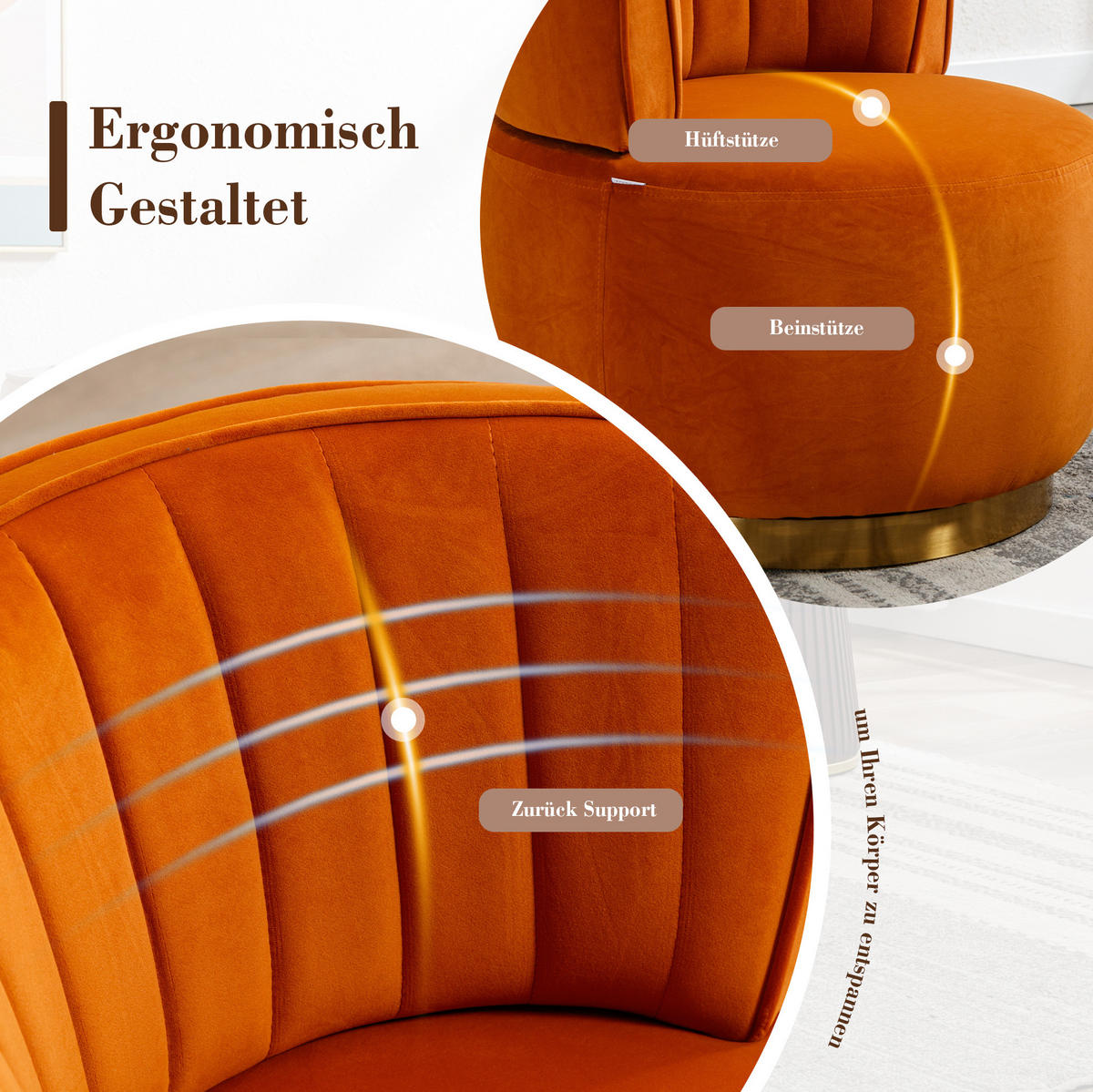 DREHSESSEL 62,5/62/69,5 cm aus Samt mit 360°-Drehfunktion in Orange - Orange, Textil (62/69.5/62.5cm) - BEAOK