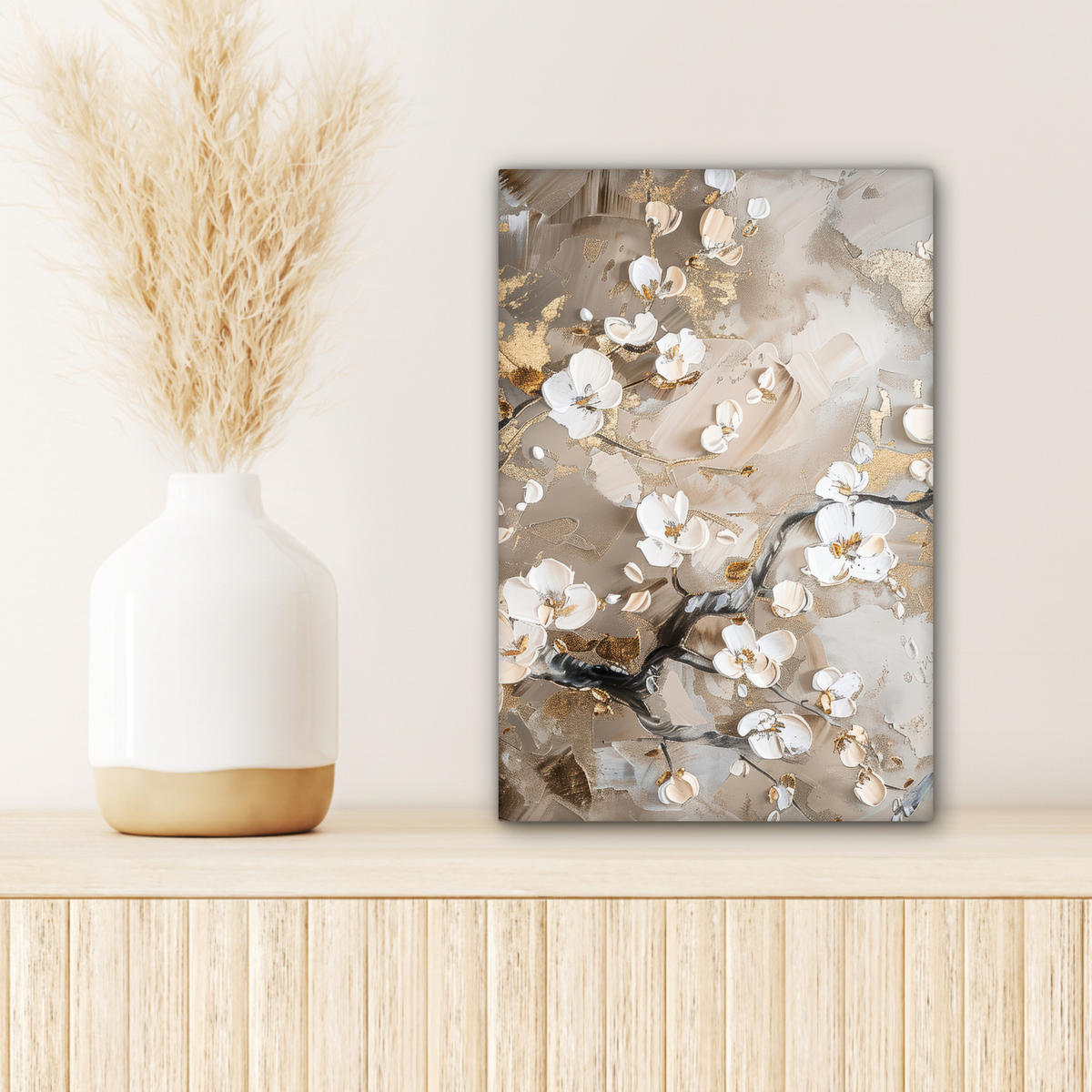 LEINWANDBILD - Blumen - Weiß - Gold - Beige - Luxus - 20x30 - Bilder - Greige, Textil (20/30cm) - MuchoWow