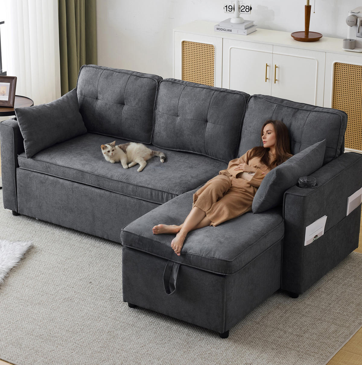 SCHLAFSOFA aus Baumwoll-Leinenstoff 211x130x86 cm Grau mit Stauraum, wechselbarer Chaiselongue und Getränkehaltern - Grau, Textil (211/86/129.5cm) - Modfu