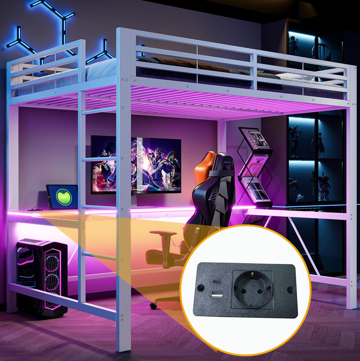 GAMING-HOCHBETT 140x200 cm in Weiß mit Schreibtisch, LED-Beleuchtung und USB-Ladestation - Weiß, Holzwerkstoff (140/200cm) - IVMEU