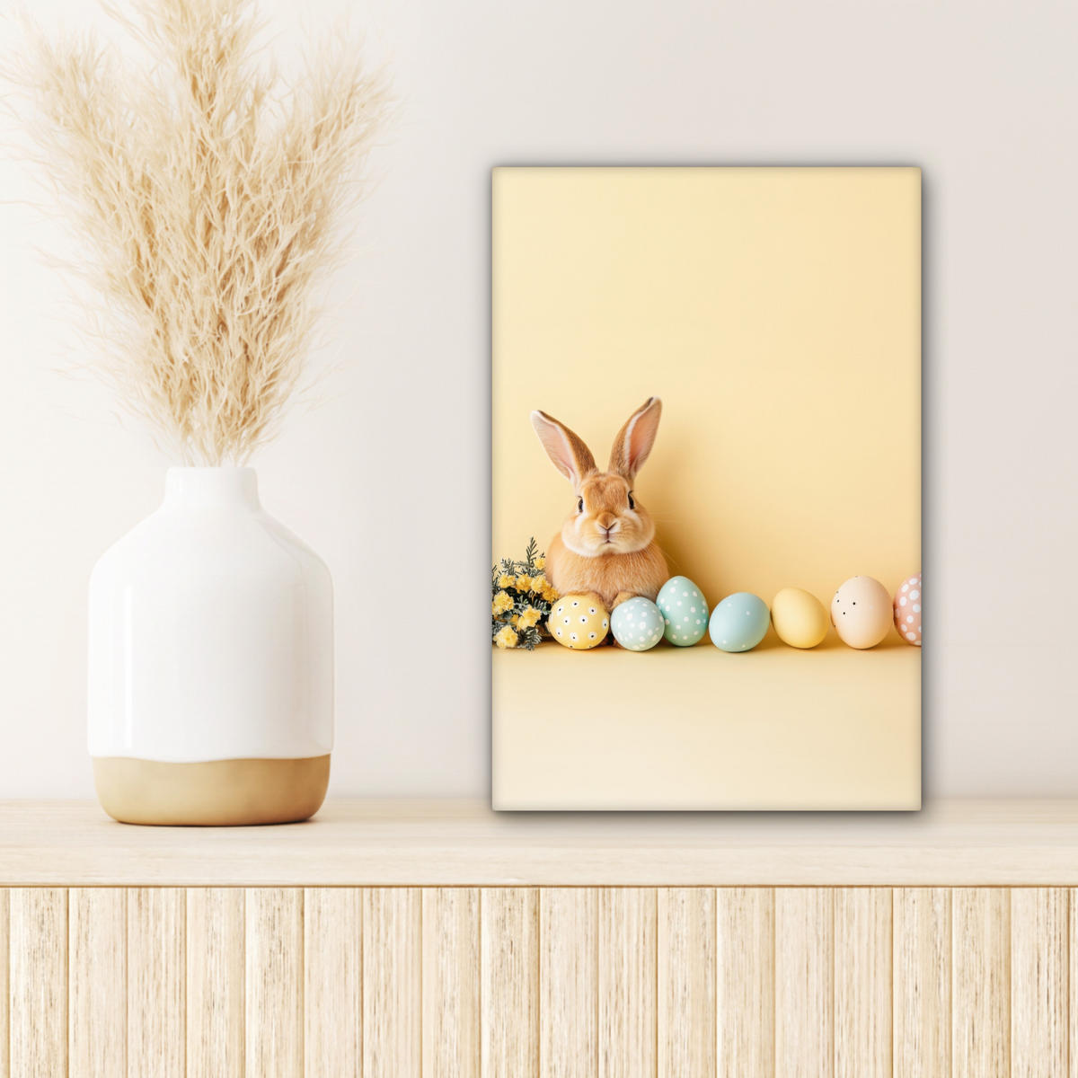 LEINWANDBILD Eier - Kaninchen - Pastellfarbtöne Deko Wohnzimmer 20x30 cm - Hellgelb, Textil (20/30cm) - MuchoWow