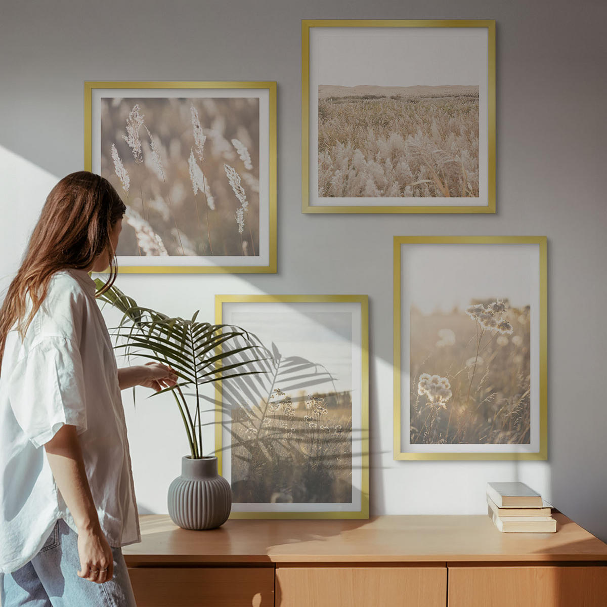 BILDER SET 4er Set - 50x50 cm & 40x60 cm Goldrahmen - Landschaftsgrasblumen Wärme - Goldfarben, Kunststoff (50/50cm) - TULUP
