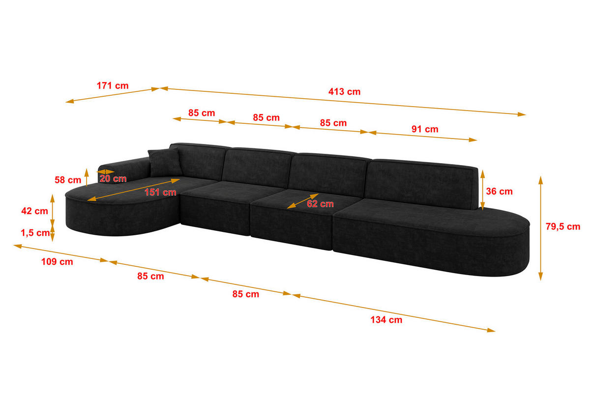 ECKSOFA Ottomane Links MARI-L3 - 413x171x79 cm Schwarz Velours - Schwarz, Holzwerkstoff/Kunststoff (413/171cm) - ALTDECOR