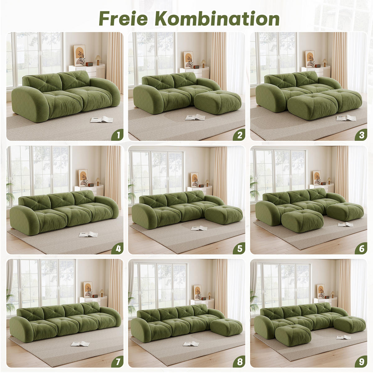 3-SITZER ECKSOFA Chenille Grün mit Hocker - Grün, Textil (281/171cm) - WISHDOR