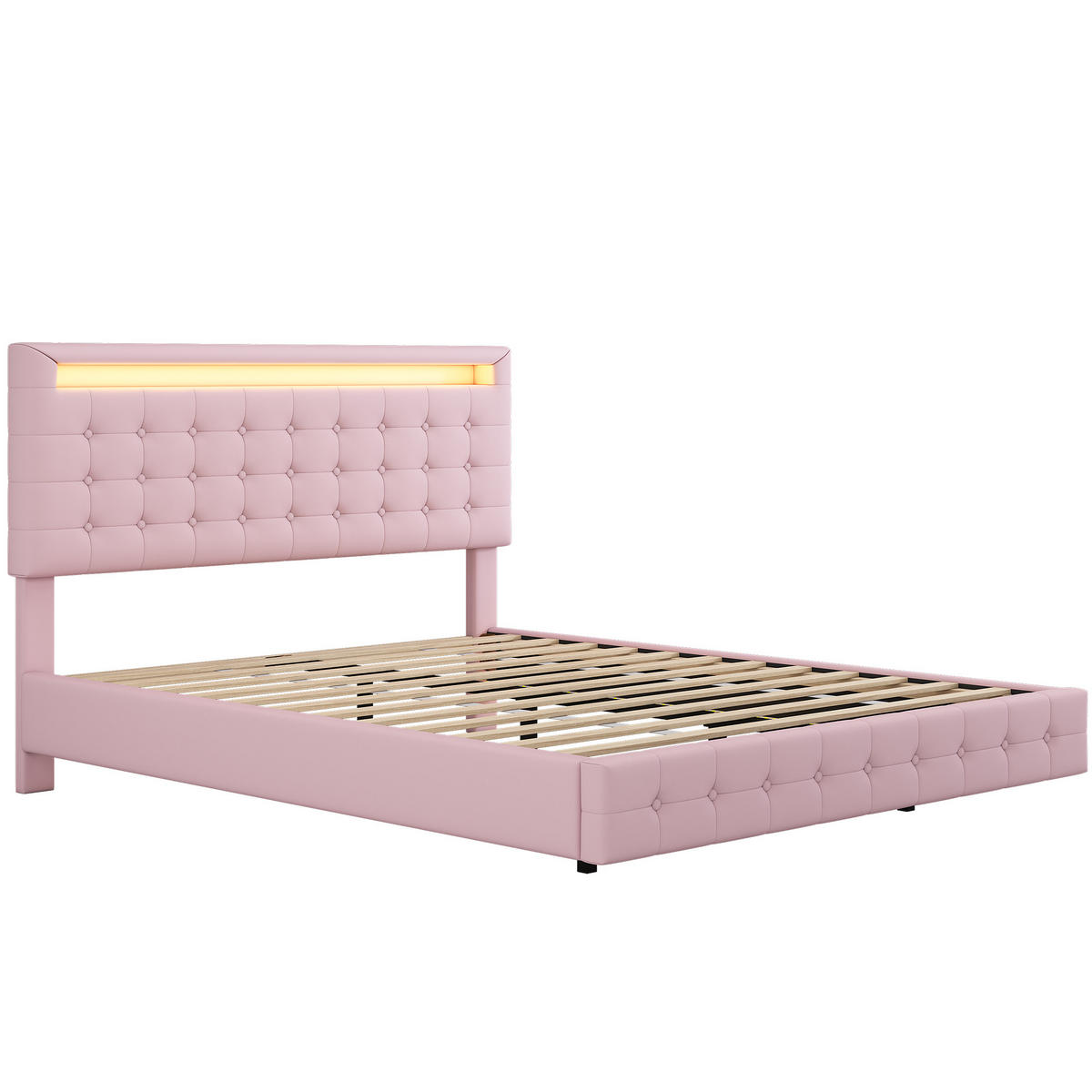 POLSTERBETT 140/200 cm mit LED-Beleuchtung, schwebendem Design und 3-fach verstellbarem Kopfteil, Rosa - Rosa, Leder (140/200cm) - Redom