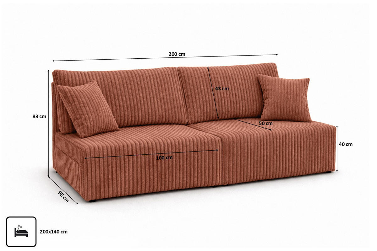 SOFA Mit Schlaffunktion Und Bettkasten, Cordstoff Tilia, Kupfer, BEST MINI - Orange, Holz (200/83/98cm) - Kaiser Möbel