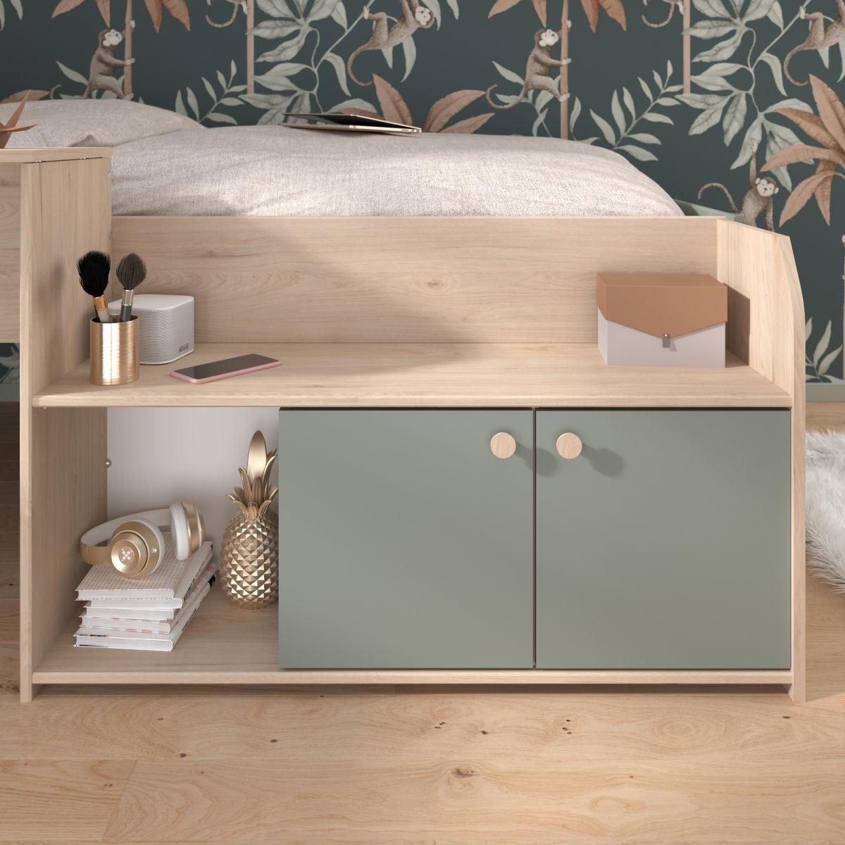 HOCHBETT Eiche, grün, Stauraum-Bett für Kinder- und Jugendzimmer - Salbeigrün/Eichefarben, Holzwerkstoff (90/200cm) - Parisot Meuble