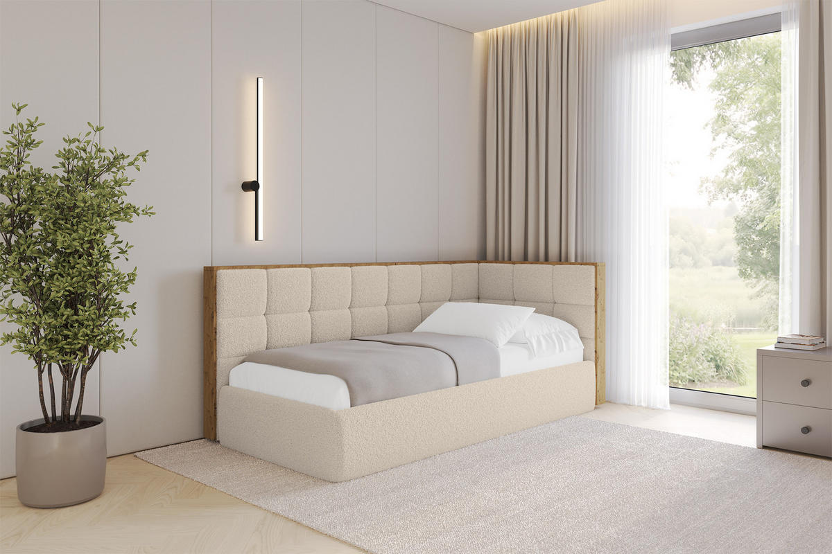 EINZELLBETT Jugendbett mit Bettkasten und Matratze H3/H4, Links - SOVY 90x200 Dunkelbeige - Cappuccino, Holzwerkstoff/Textil (90/200cm) - ALTDECOR
