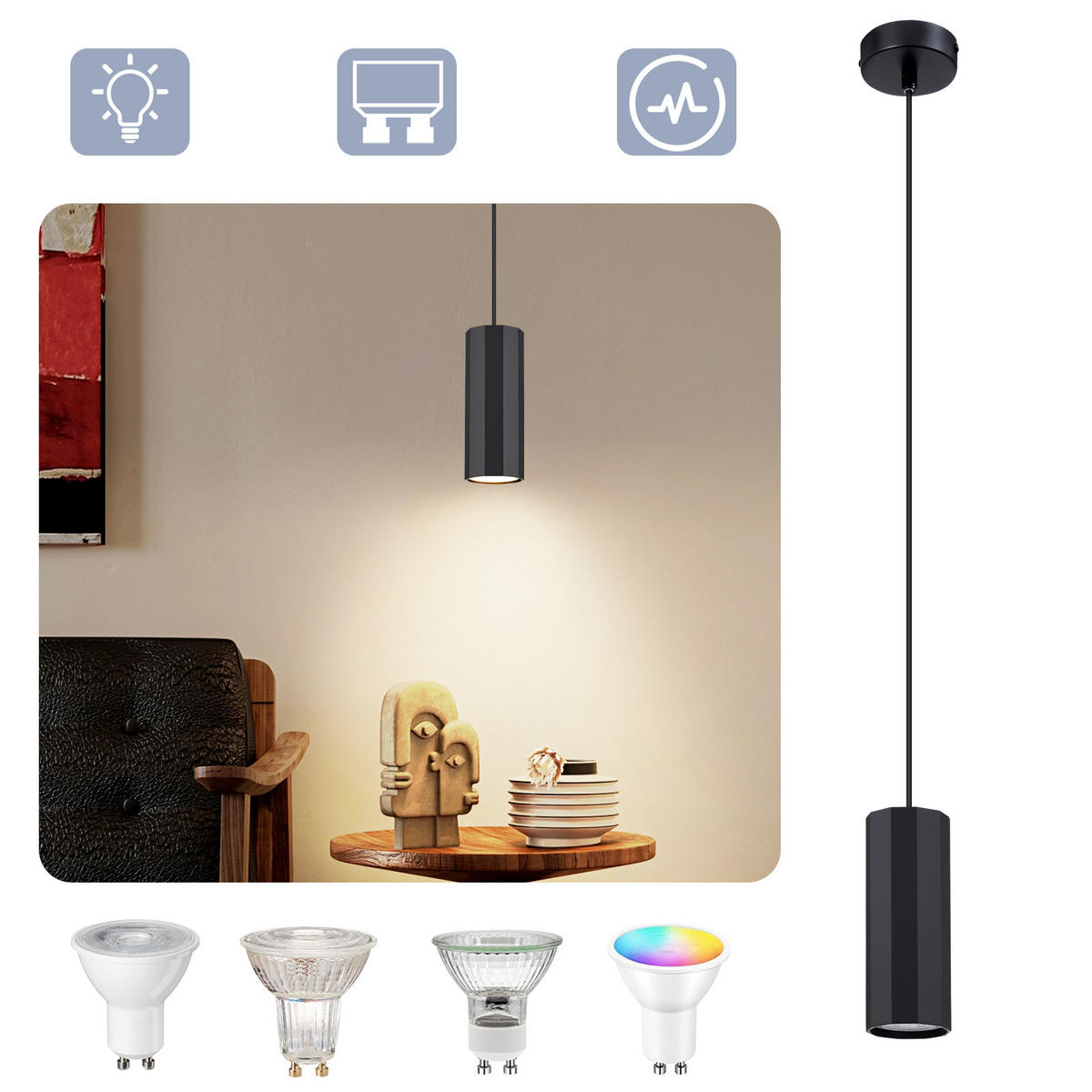 PENDELLEUCHTE Mila 8/2.5/170 cm - Schwarz, Metall (8/2.5/170cm) - ZMH