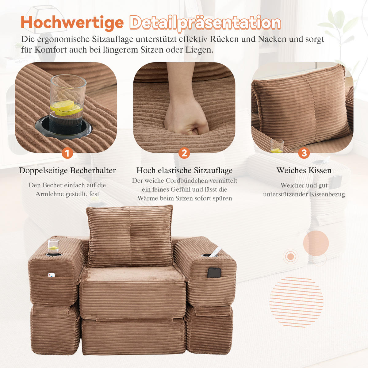 SCHLAFSOFA mit Klappfunktion, Getränkehalter und Seitentasche aus Cord - Braun, Textil (122/80/98cm) - EVRYAE