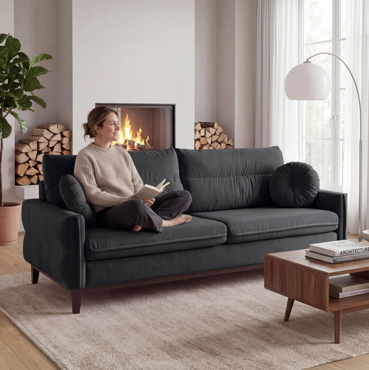 SOFA 2-SITZER Belweder, 220 cm, Dunkelgrau, Veloursstoff - Wengefarben/Dunkelgrau, Holz/Textil (218/95/94cm) - Beautysofa