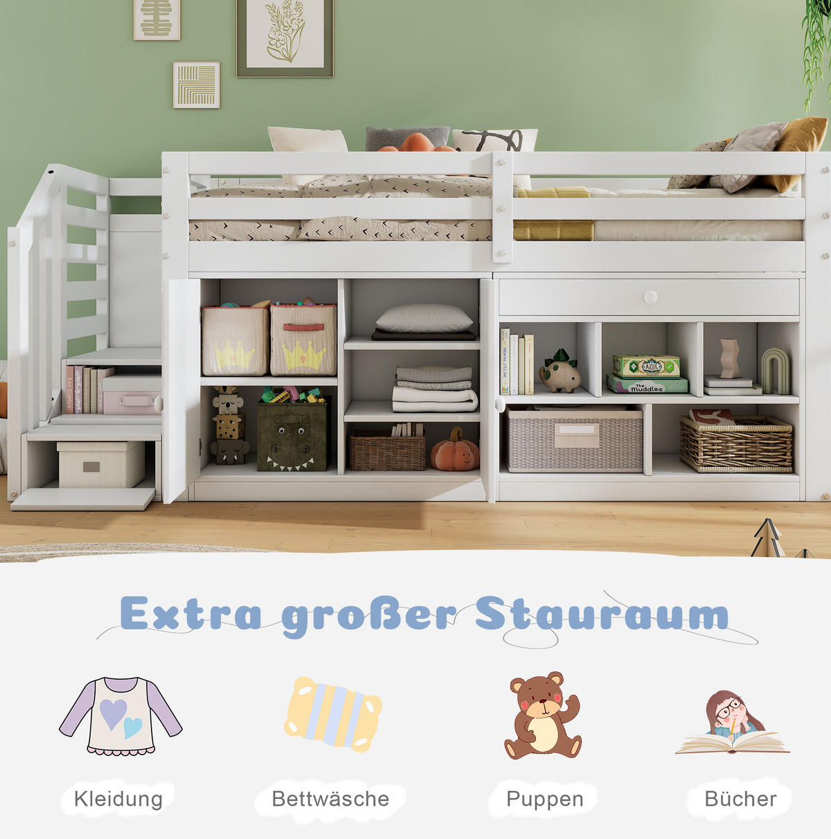 KINDERBETT 90/200 cm mit Treppe, Stauraum und Schreibtischfunktion, Massivholz, Weiß - Weiß, Holz (90/200cm) - Redom
