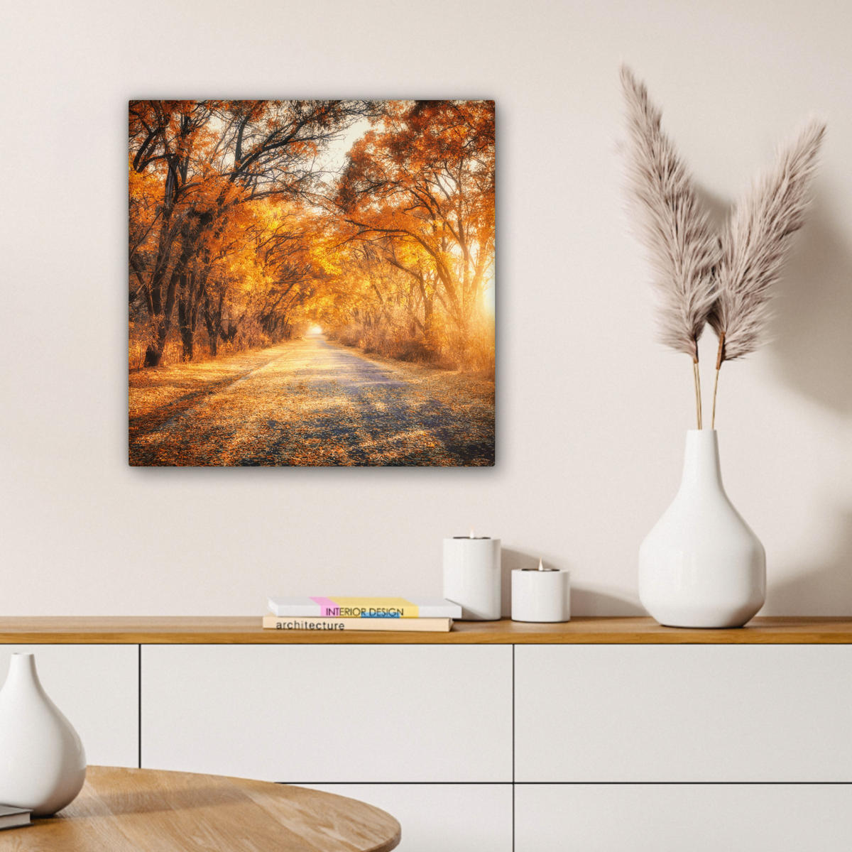 LEINWANDBILD Wald - Herbst - Bäume - Waldweg - Natur Wandbild Wohnzimmer 50x50 cm - Bernsteinfarben, Textil (50/50cm) - MuchoWow