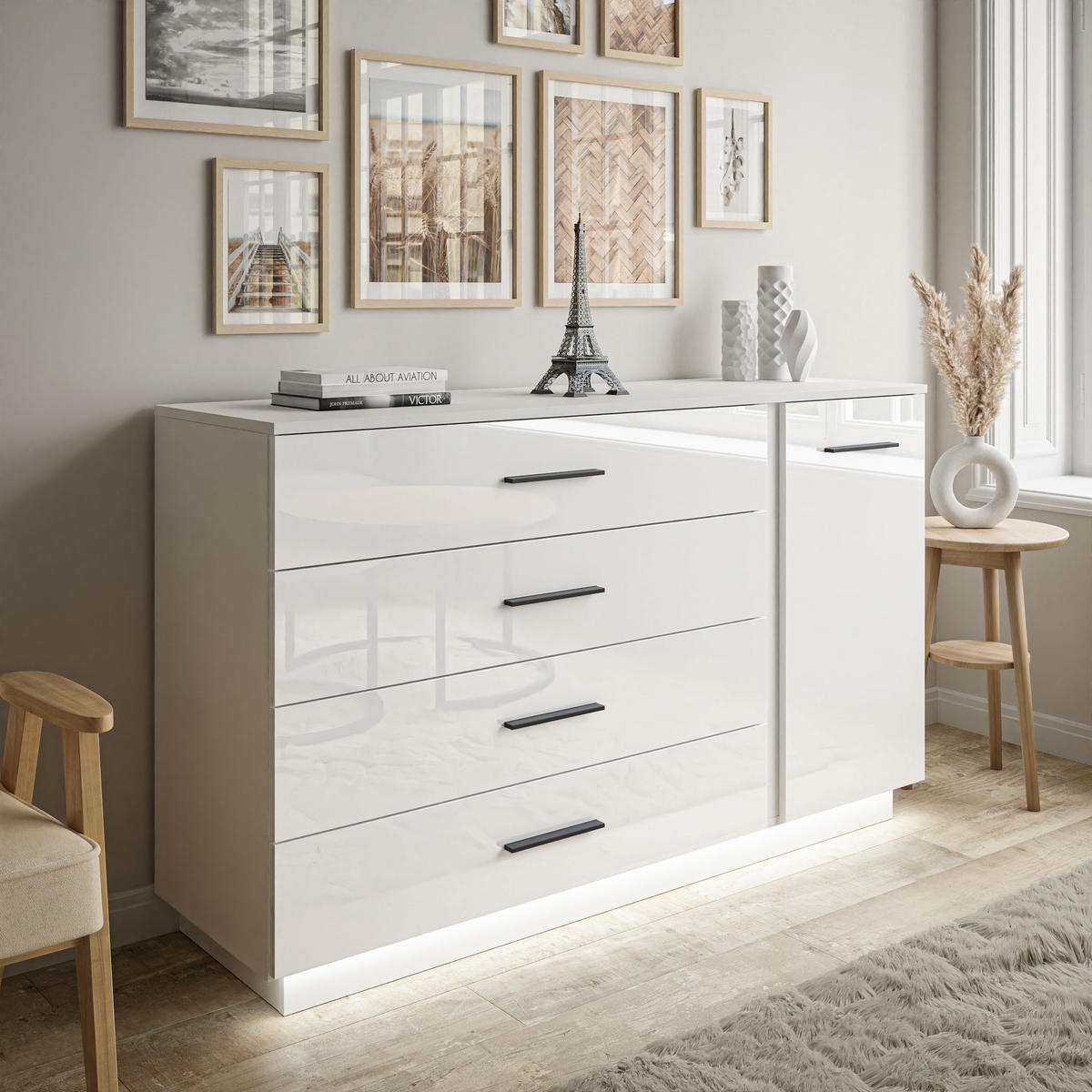 SIDEBOARD LINA II 1D4S mit LED-Beleuchtung Schwarze Griffe - Weiß, Holzwerkstoff (138/84/41cm) - Lookway