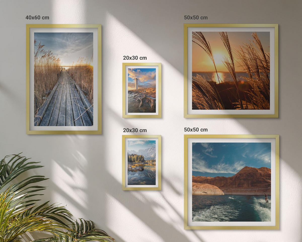 BILDER SET 5er Set - 50x50 cm & 20x30 cm & 40x60 cm Goldrahmen - Leuchtturm-Grassteg - Goldfarben, Kunststoff (40/60cm) - TULUP
